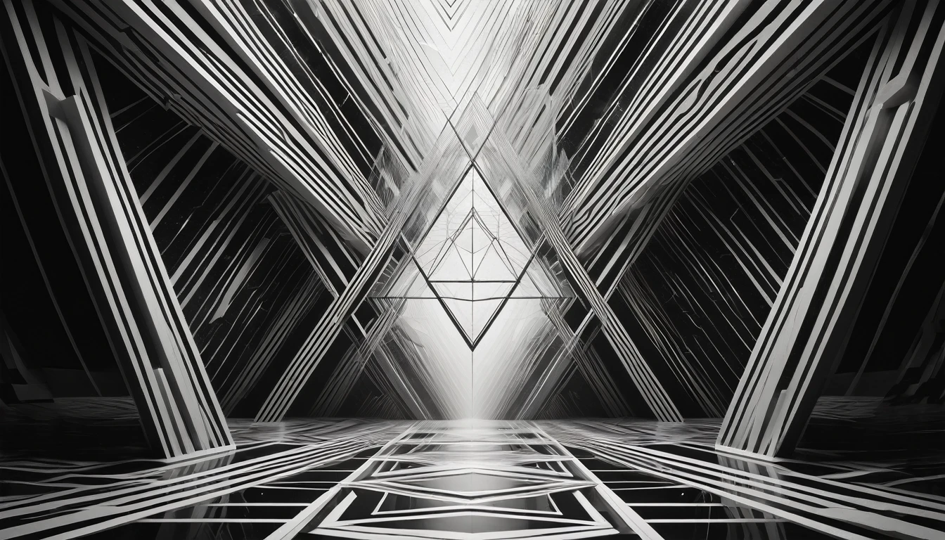fantasy, A black and white abstract geometric composition with intersecting lines, grids, and angular shapes creating a sense of depth and perspective, adventure core, soft and dreamy depictions, epic eerie