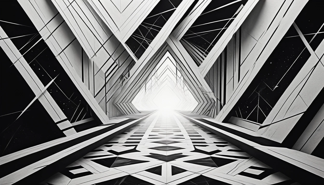 fantasy, A black and white abstract geometric composition with intersecting lines, grids, and angular shapes creating a sense of depth and perspective, adventure core, soft and dreamy depictions, epic eerie