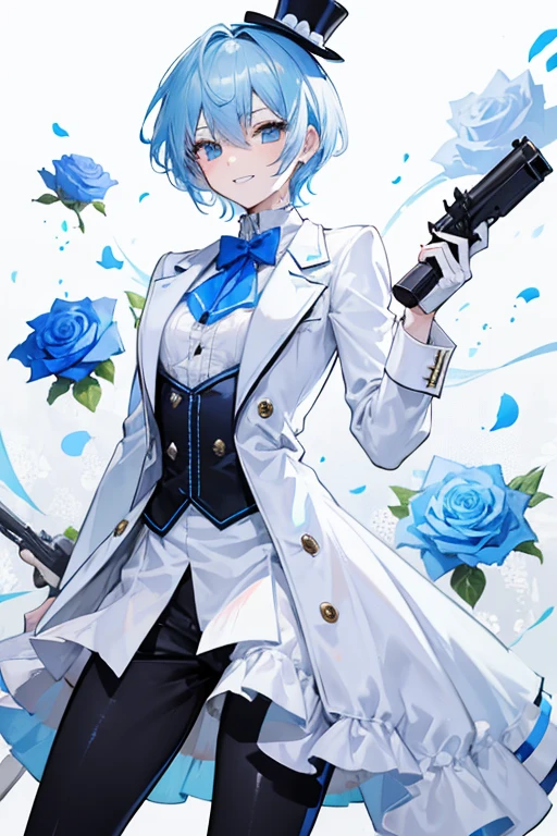 Crossdresser Light blue hair Holding a gun in each hand Grin A white top hat decorated with white roses White suit short hair