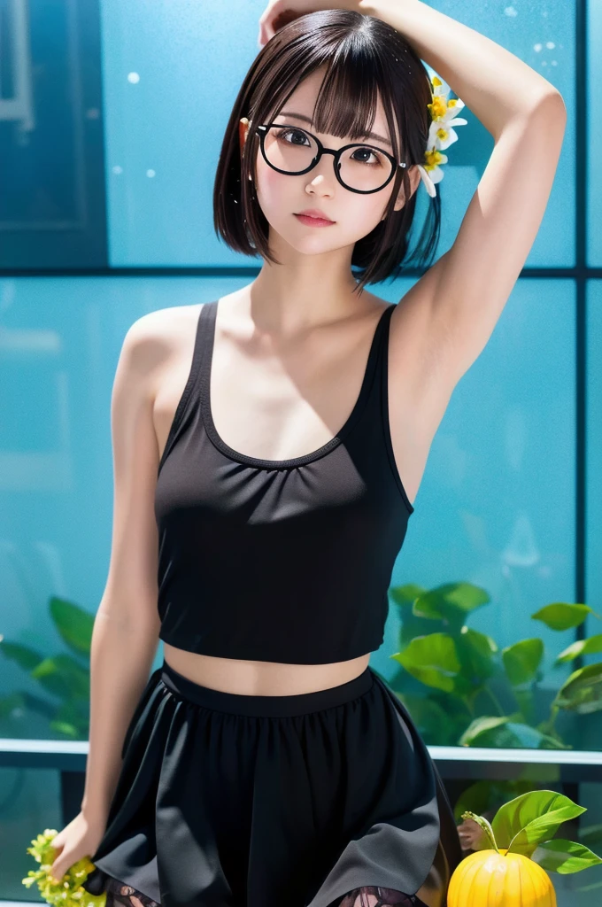 (masterpiece, Highest quality, It captures a very cute moment, Depth of written boundary, Super detailed, Ultra-high resolution, C4D, Octadale, 3D Modeling,Realistic human photos、 8K, 16K, One Girl,Middle school students, Small breasts,Black Hair,short hair,Straight Hair,Light brown eyes,White headband,Wearing black glasses,Cute face), Bloomers, Black tank top, zettai ryouiki, Wet clothes,Classroom Nights,Moonlight, Good elevator, Take off、Real-life skin、Not an anime、Realistic、Not an illustration