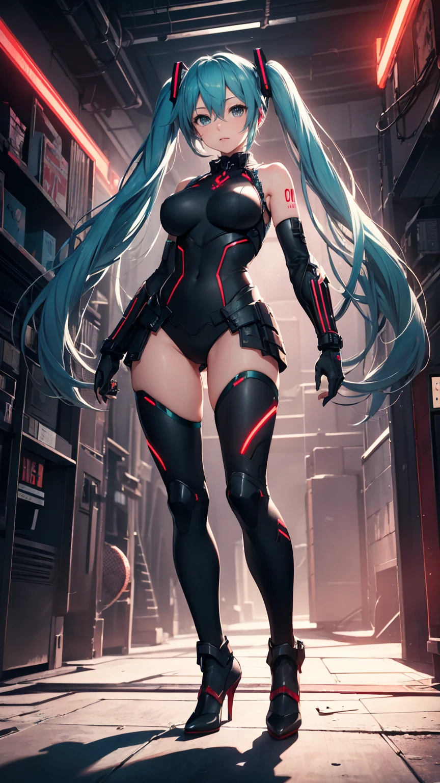 Hatsune Miku Vocaloid, whole body, ((Red and black body armor)), Big Breasts, High heels,cyber punk, Heavy Armor、Highest quality、Highest quality、8K Illustration