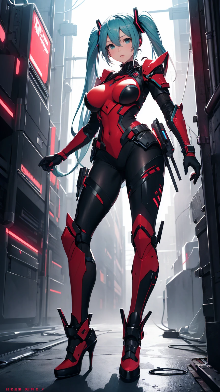 Hatsune Miku Vocaloid, whole body, ((Red and black body armor)), Big Breasts, High heels,cyber punk, Heavy Armor、Highest quality、Highest quality、8K Illustration