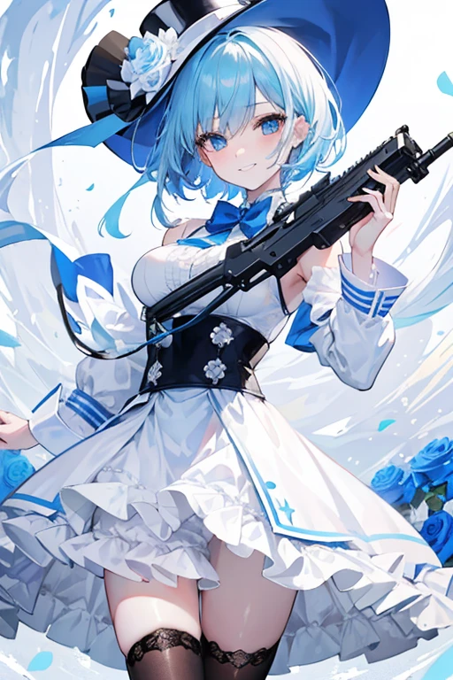 Crossdresser Light blue hair Holding a gun in each hand Grin A white top hat decorated with white roses White suit short hair