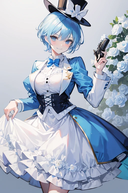 Crossdresser　Light blue hair　Holding a gun in each hand　Grin　A white top hat decorated with white roses　White suit　short hair