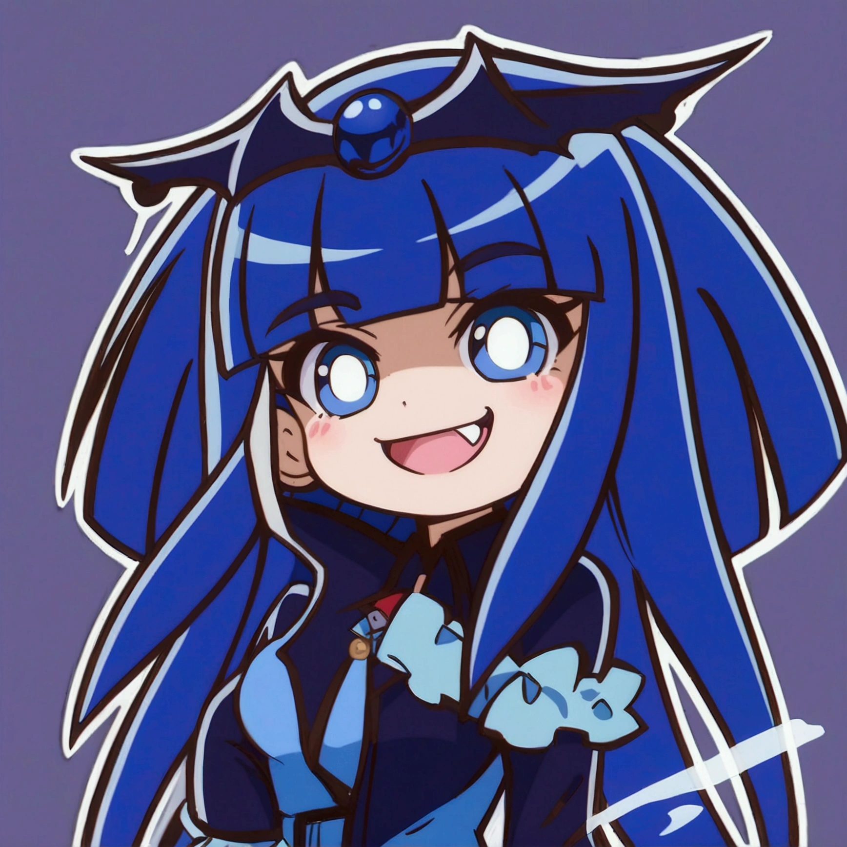 Close-up of a cartoon character with blue hair and blue outfit, anime moe artstyle, 2D anime style, [[[[grinning evilly]]]], , cel - shaded art style, I&#39;ll do fanart too, nasty grin, hero 2d fanart art, chibi, vampire