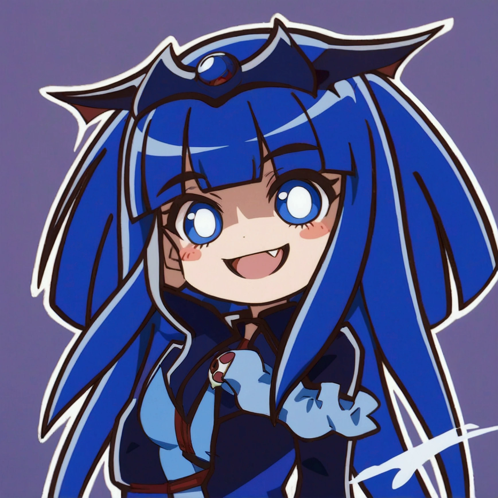 Close-up of a cartoon character with blue hair and blue outfit, anime moe artstyle, 2D anime style, [[[[grinning evilly]]]], , cel - shaded art style, I&#39;ll do fanart too, nasty grin, hero 2d fanart art, chibi, vampire