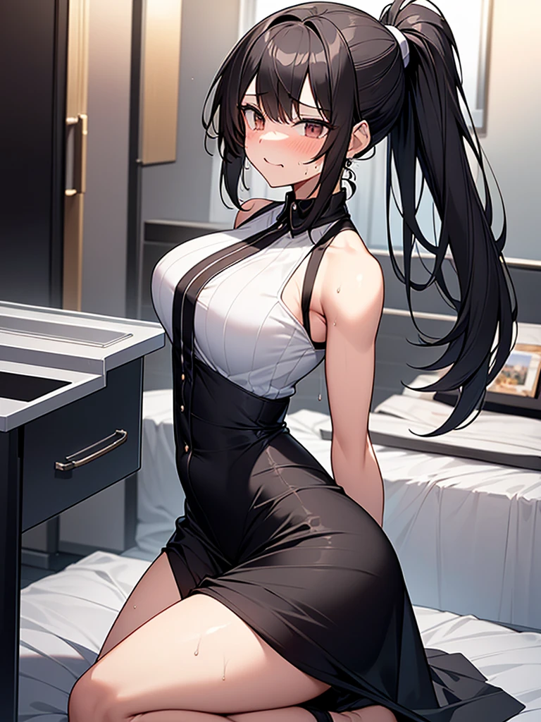 NSFW:3.6 Full Body View、Black sleeveless vertical striped shirt:1.3 1 female 1 male、Cowgirl sex with a slim muscular man:1.3. Excitement, sweating, flushing), (Night, dark room, apartment room, lying on a white bed, troubled face, crying face)、 (Black hair, medium length, ponytail, straight hair, bangs swept to the side:1.9 Slanted eyes Brown eyes Tall Big breasts Strong Beautiful Cute) 、 