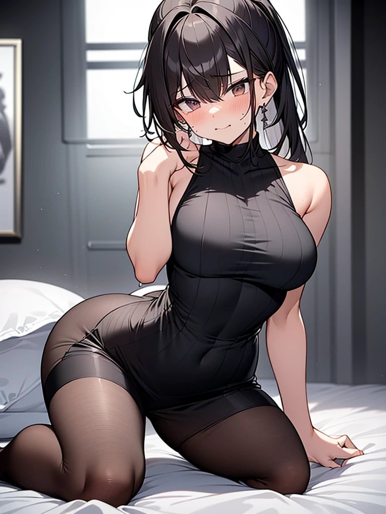 NSFW:3.6 Full Body View、Black sleeveless vertical striped shirt:1.3 1 female 1 male、Cowgirl sex with a slim muscular man:1.3. Excitement, sweating, flushing), (Night, dark room, apartment room, lying on a white bed, troubled face, crying face)、 (Black hair, medium length, ponytail, straight hair, bangs swept to the side:1.9 Slanted eyes Brown eyes Tall Big breasts Strong Beautiful Cute) 、