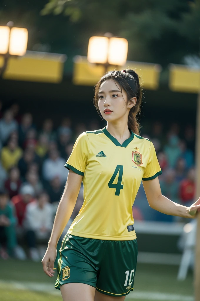(((best quality))),(((ultra detailed))),(((masterpiece))),illustration,1girl,soccer player,summer night,Spanish team football uniform,short ponytail,determination,focus,green grass,toned body,confidence,eyes on the ball,strong body,red and yellow colors,team emblem,short ponytail,femininity,flushed face,sweat,large sports field,spectators,cheers,whistles,floodlights,warm glow,illuminated move,vibrant environment,beauty strength women in sports, inspiring,embrace passion,pursue dreams