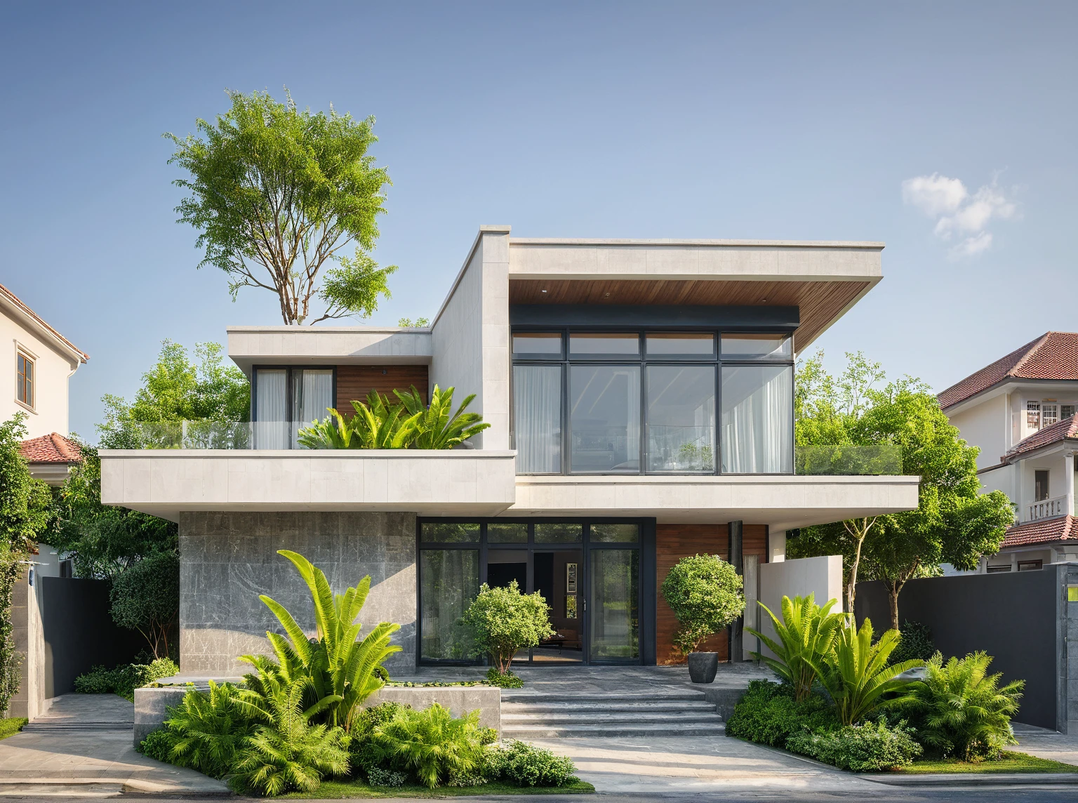 modern villa on street, (daylight), tropical tree, green shrub and plants, vivid color, streetcapes, minimalist design, brigth grey tone, large glass door, warm interior lighting, modern material, best quality, ultra realistic, masterpiece, 17ArchiAI_XL_VL-v1
