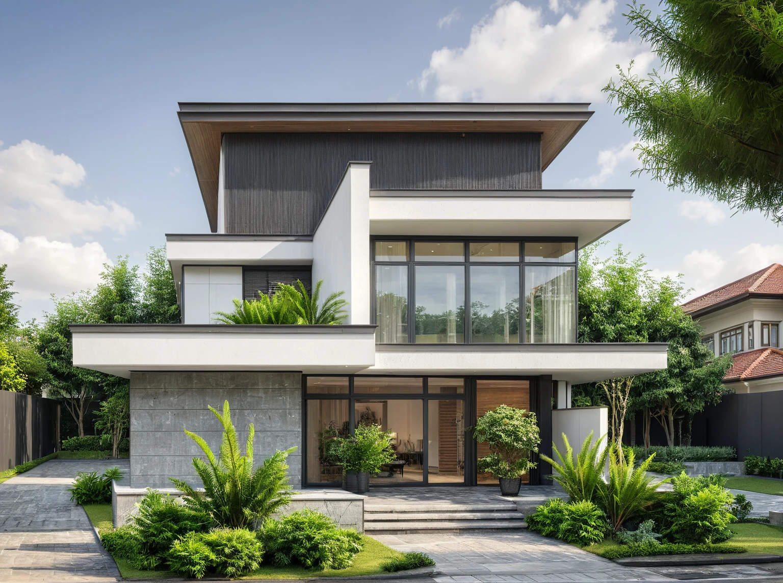 modern villa on street, (daylight), tropical tree, green shrub and plants, vivid color, streetcapes, minimalist design, brigth grey tone, large glass door, warm interior lighting, modern material, best quality, ultra realistic, masterpiece, 17ArchiAI_XL_VL-v1
