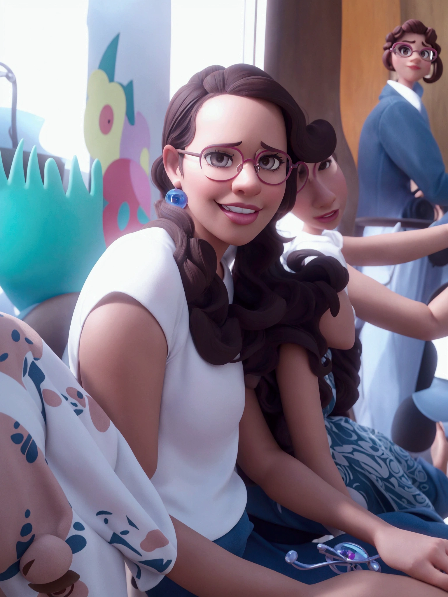Create a Disney Pixar-style character, Woman, curly hair, medium dark brown, brown skin, medium dark brown eyes, Oval face, Bullish, slim, pink dress, silver heels, wearing glasses
