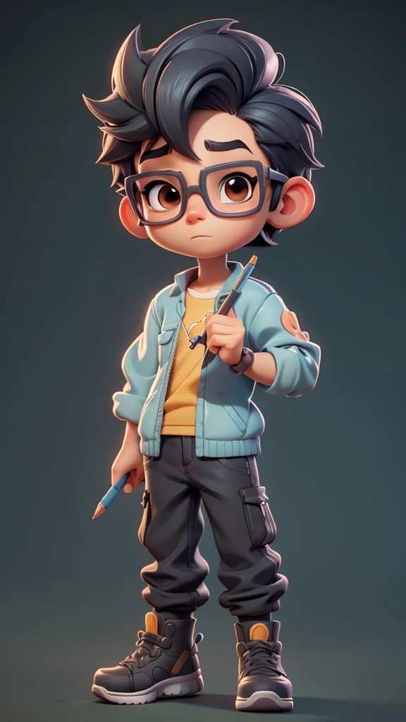 a cartoon boy with glasses holding a pencil and a pencil in his hand, cute cartoon character, animation character, cute 3 d render, cartoon character, pixar cute character design, stylized character, cute character, very stylized character design, 3 d character, 3d character, adorable digital painting, high quality character design, stylized character design, 3 d cartoon