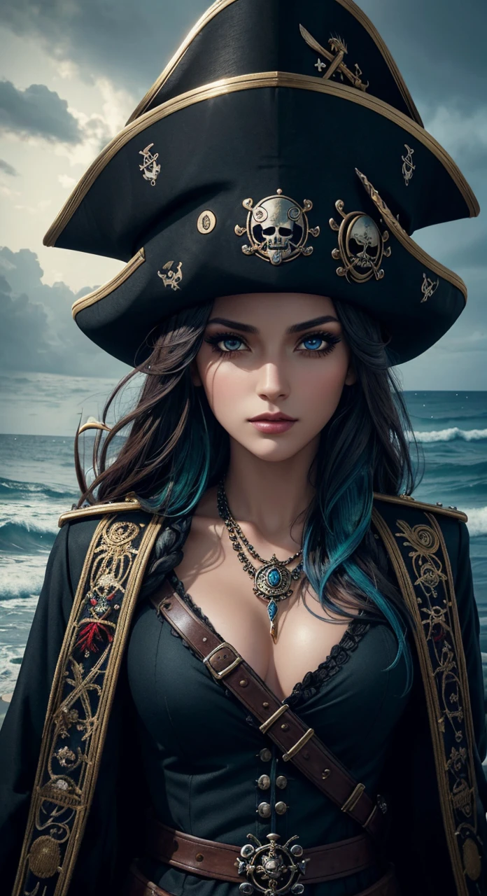 beautiful female pirate with hat, pirate captain, detailed face, beautiful eyes, full lips, long eyelashes, ornate pirate hat, feather in hat, intricate pirate outfit, embroidered coat, shiny jewelry, holding sword, stormy sea background, dramatic lighting, cinematic, vibrant colors, highly detailed, photorealistic