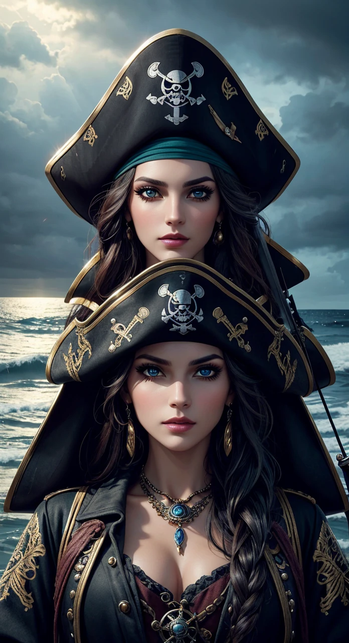 beautiful female pirate with hat, pirate captain, detailed face, beautiful eyes, full lips, long eyelashes, ornate pirate hat, feather in hat, intricate pirate outfit, embroidered coat, shiny jewelry, holding sword, stormy sea background, dramatic lighting, cinematic, vibrant colors, highly detailed, photorealistic