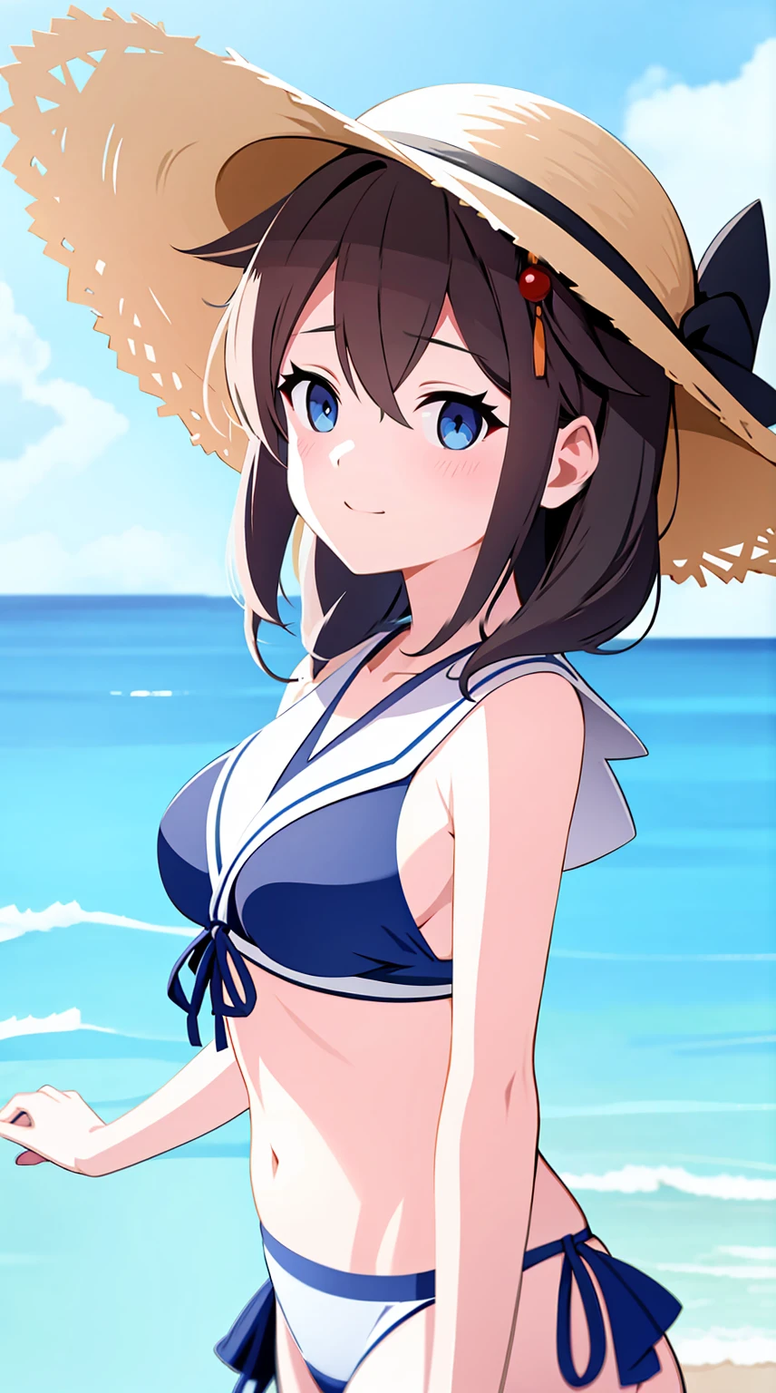 Shigure Kai 3 KanColle Bikini Shirt Ribbon Straw Hat Standing Seaside 8k High Definition