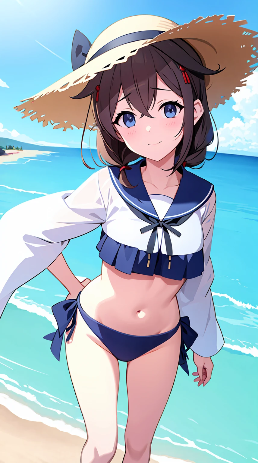 Shigure Kai 3 KanColle Bikini Shirt Ribbon Straw Hat Standing Seaside 8k High Definition