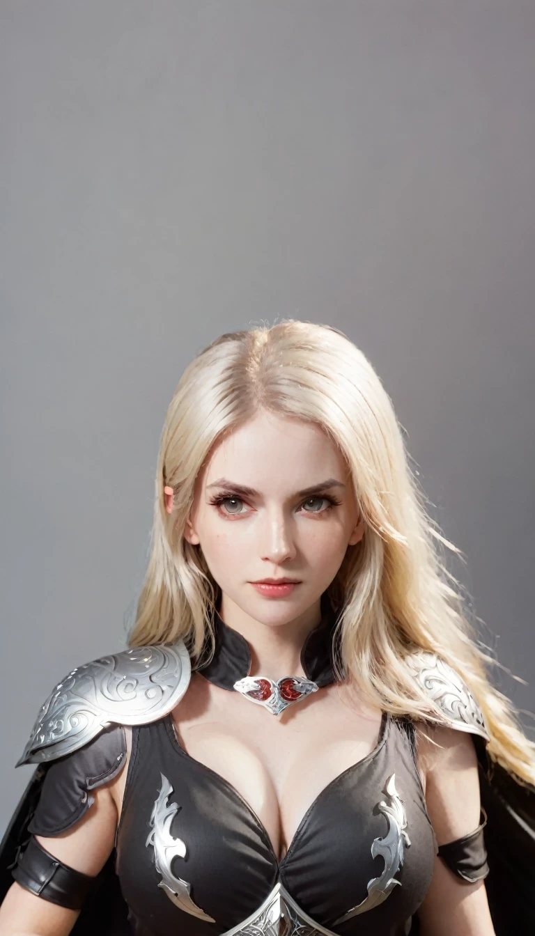 (character portrait for the game Dungeons and dragons), (female 30 years old, spellblade, high charisma), (white skin:0.8, nordic facial features, heavy black makeup, light blue eyes, blond, long, straight hair), (dark fantasy), (heavy platemail armor, gray metallic, cleavage),([dim lights], shadows in the background, red, black, yellow)