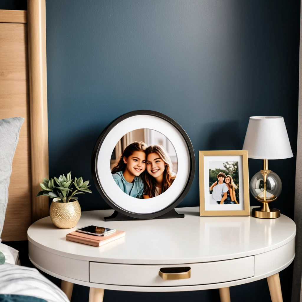 a photo of a picture in a round frame on a nightstand, in a teenagers room
