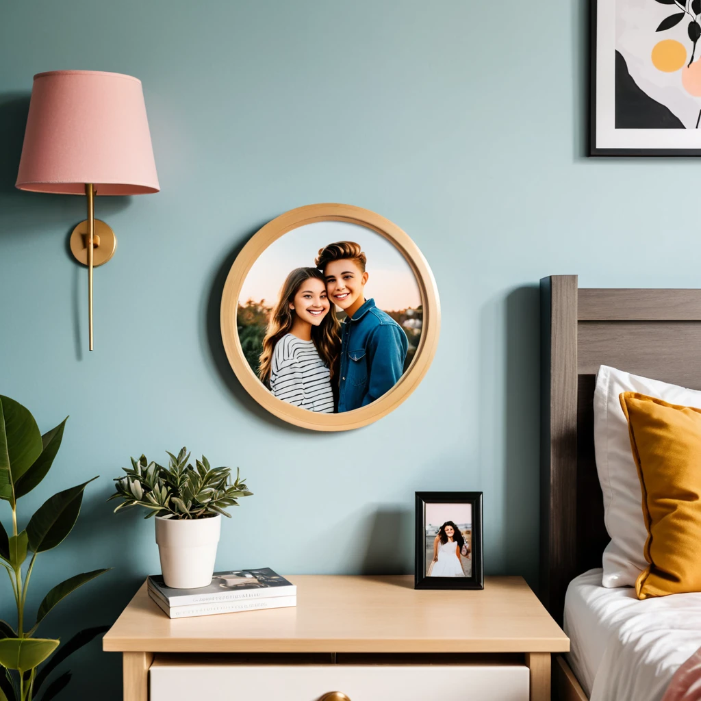 a photo of a picture in a round frame on a nightstand, in a teenagers room
