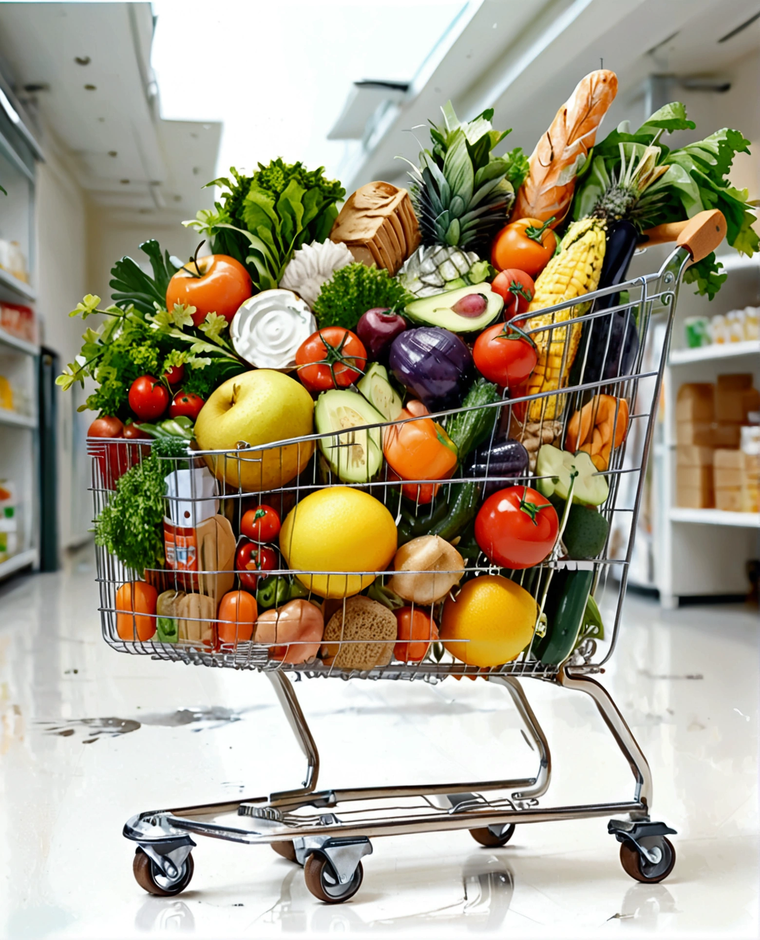 shopping trolley with a lot healthy food, illustration, isolated with solid white background, surrounded with negative space, centered composition, 8k, highest detailed painting, very precise painting, Isolated, clear solid white background, perspective angle of view, cartoon style, ((watercolor:1)), clip art, (lora:add-detail-xl:1)