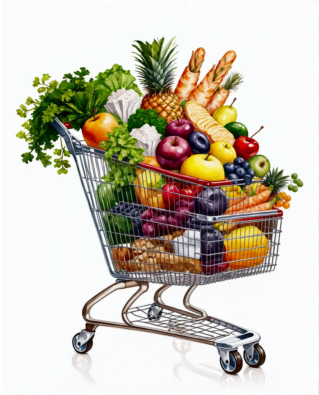 shopping trolley with a lot healthy food, illustration, isolated with solid white background, surrounded with negative space, centered composition, 8k, highest detailed painting, very precise painting, Isolated, clear solid white background, perspective angle of view, cartoon style, ((watercolor:1)), clip art, (lora:add-detail-xl:1)