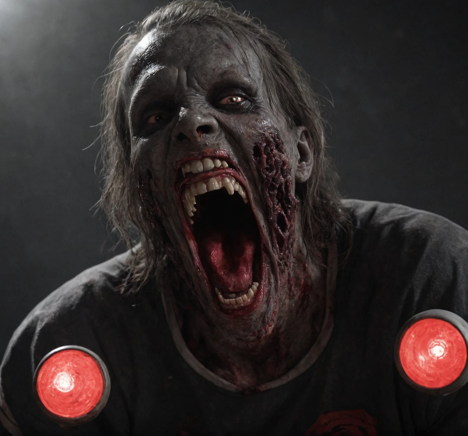 maniacal laugh, mouth  wide open, eyes with red light, dark, zombie gray skin, black jersey