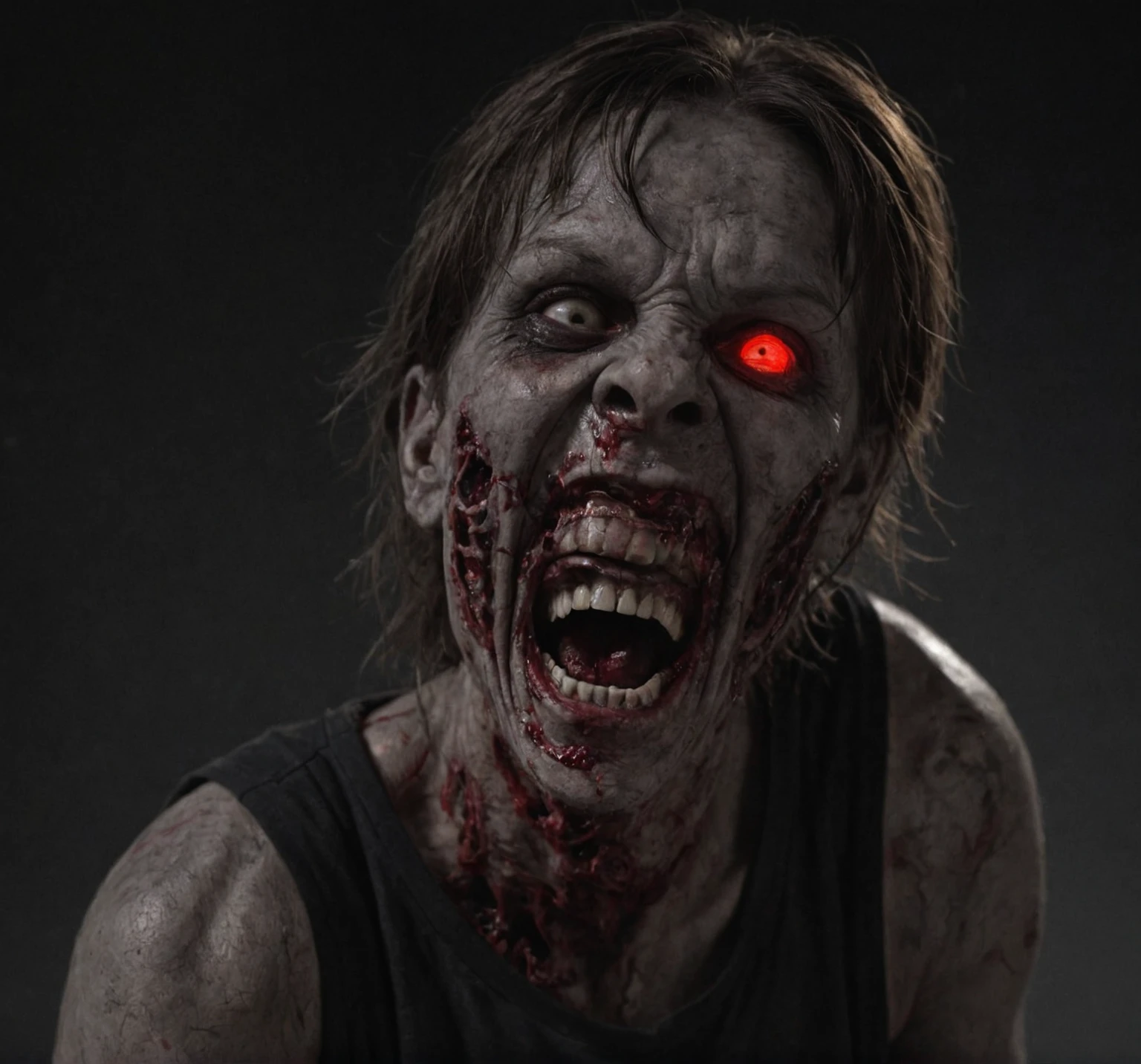 maniacal laugh, mouth  wide open, eyes with red light, dark, zombie gray skin, black jersey