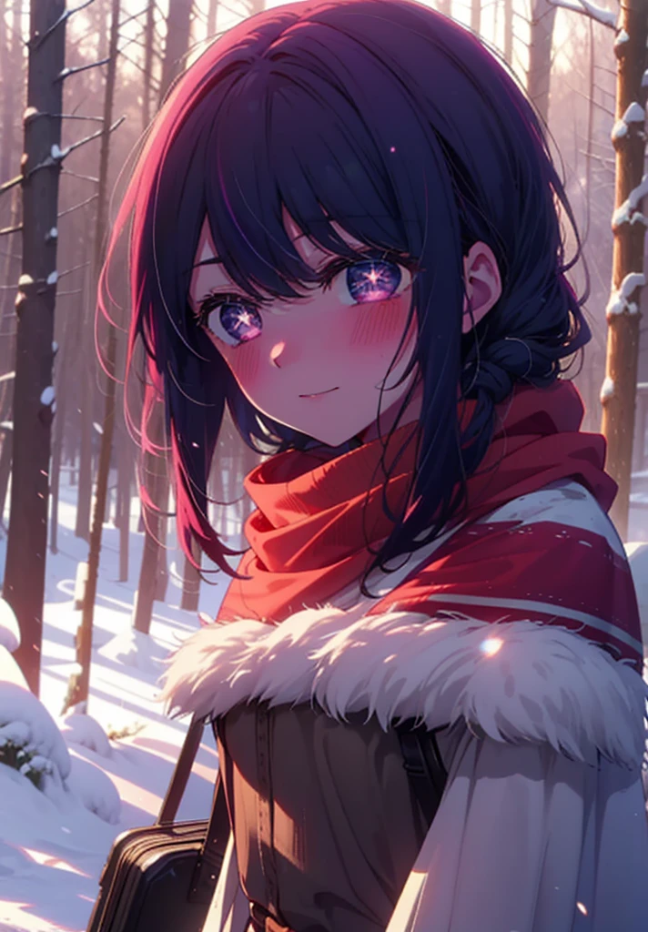 aihoshino, Ai Hoshino, Long Hair, bangs, (Purple eyes:1.1), Purple Hair, (Symbol-shaped pupil:1.5), smile,,smile,blush,White Breath,
Open your mouth,snow,Ground bonfire, Outdoor, boots, snowing, From the side, wood, suitcase, Cape, Blurred, , forest, White handbag, nature, Squat, Mouth closed, Cape, winter, Written boundary depth, Black shoes, red Cape break looking at viewer, Upper Body, whole body, break Outdoor, forest, nature, break (masterpiece:1.2), Highest quality, High resolution, unity 8k wallpaper, (shape:0.8), (Beautiful and beautiful eyes:1.6), Highly detailed face, Perfect lighting, Extremely detailed CG, (Perfect hands, Perfect Anatomy),