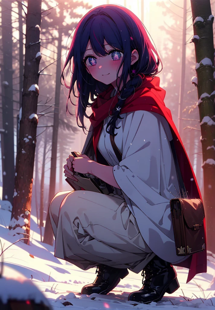 aihoshino, Ai Hoshino, Long Hair, bangs, (Purple eyes:1.1), Purple Hair, (Symbol-shaped pupil:1.5), smile,,smile,blush,White Breath,
Open your mouth,snow,Ground bonfire, Outdoor, boots, snowing, From the side, wood, suitcase, Cape, Blurred, , forest, White handbag, nature,  Squat, Mouth closed, Cape, winter, Written boundary depth, Black shoes, red Cape break looking at viewer, Upper Body, whole body, break Outdoor, forest, nature, break (masterpiece:1.2), Highest quality, High resolution, unity 8k wallpaper, (shape:0.8), (Beautiful and beautiful eyes:1.6), Highly detailed face, Perfect lighting, Extremely detailed CG, (Perfect hands, Perfect Anatomy),