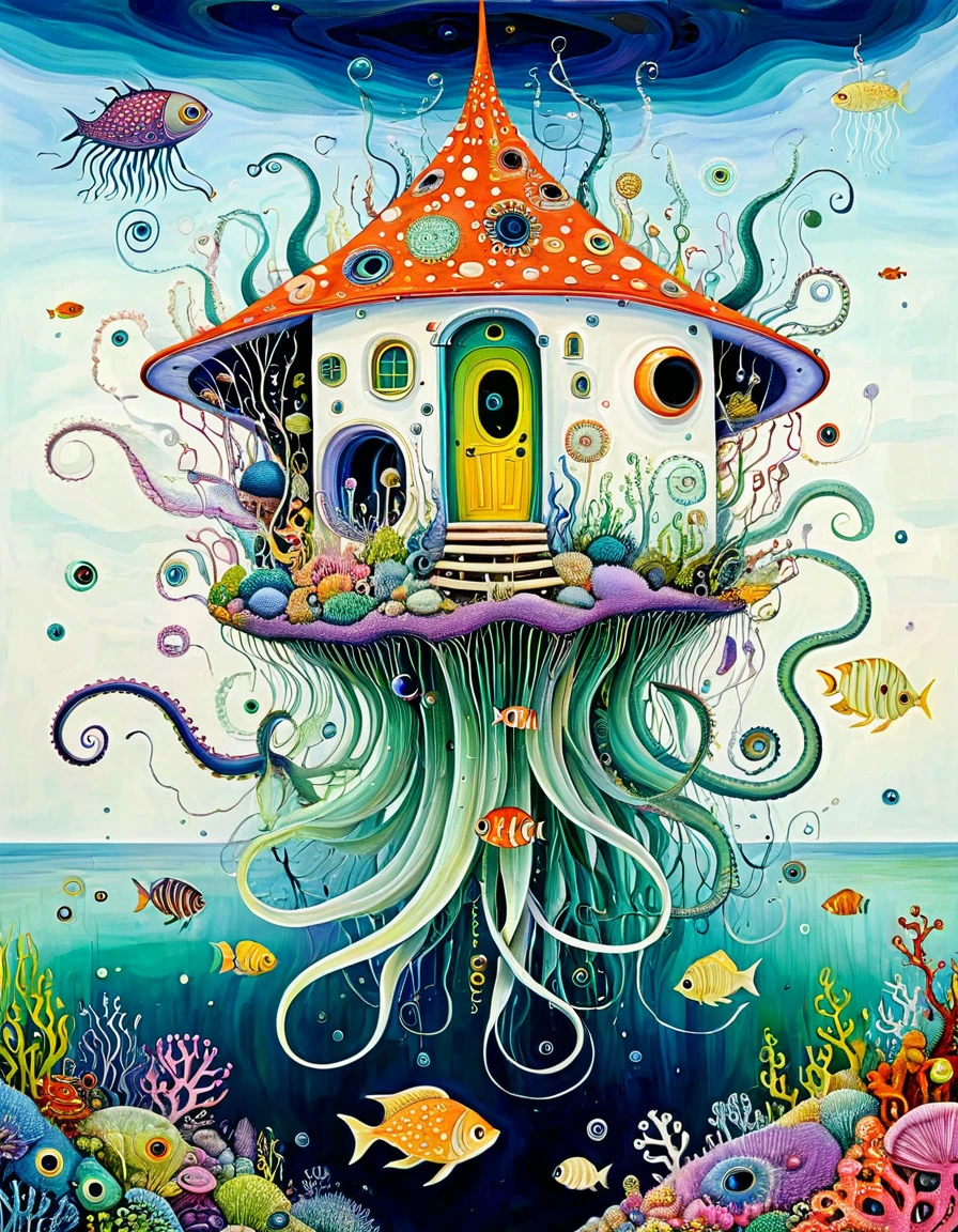 &quot;Dick Ellescas Artist Style&quot;,A strange house on a calm sea，fish，Tentacles，Eye、diatom，Stitching together an abstract painting，Describing the inner world of autistic people，Sense of space，White Space，interesting，Innocence，Psychedelic Art，theme