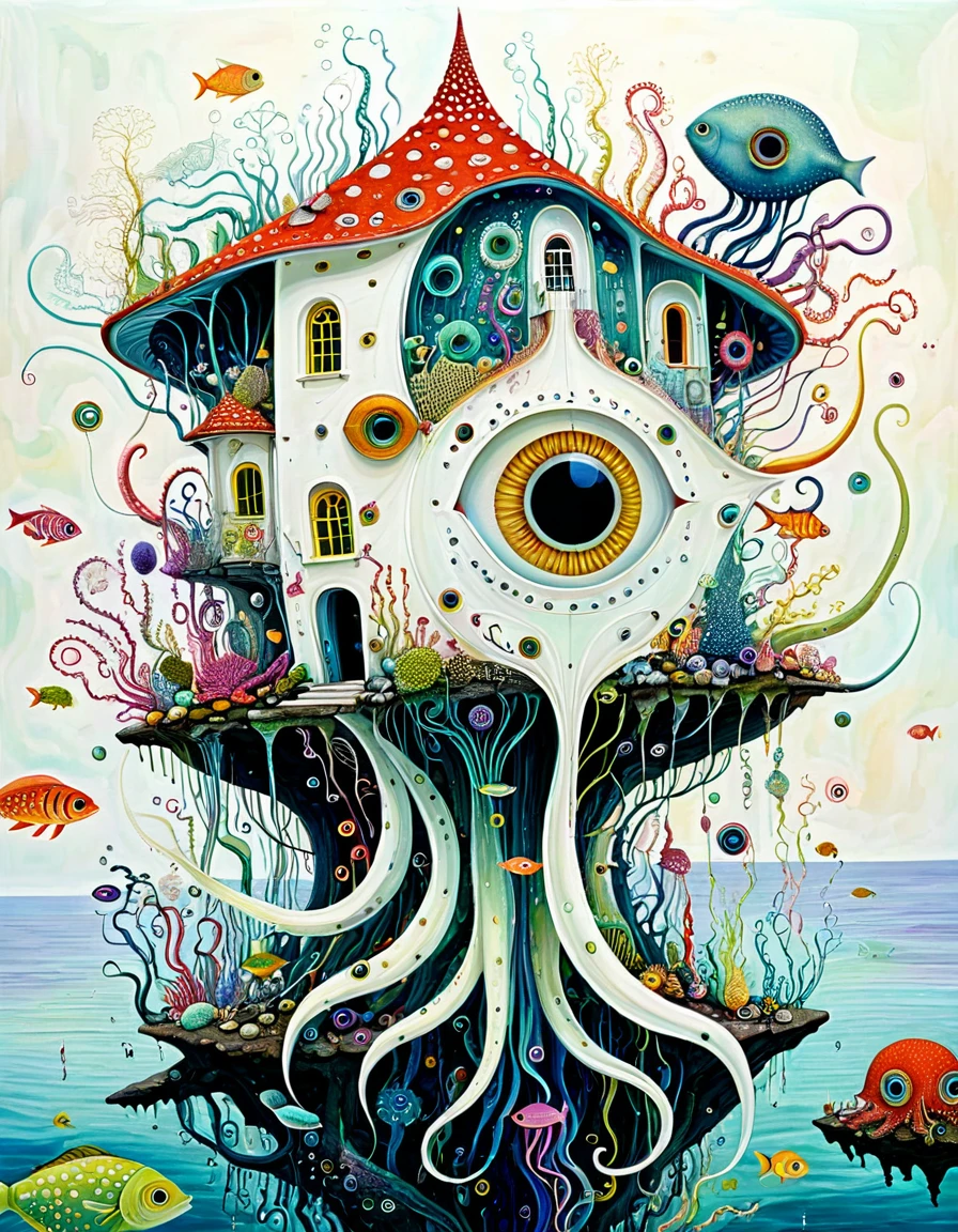 &quot;Dick Ellescas Artist Style&quot;,A strange house on a calm sea，fish，Tentacles，Eye、diatom，Stitching together an abstract painting，Describing the inner world of autistic people，Sense of space，White Space，interesting，Innocence，Psychedelic Art，theme