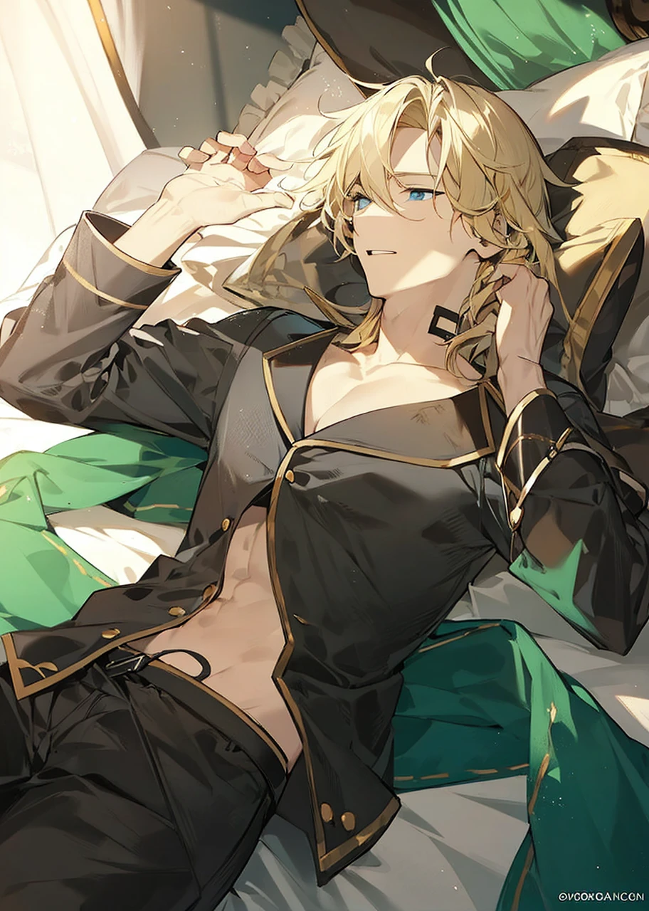 Blonde man lying on bed