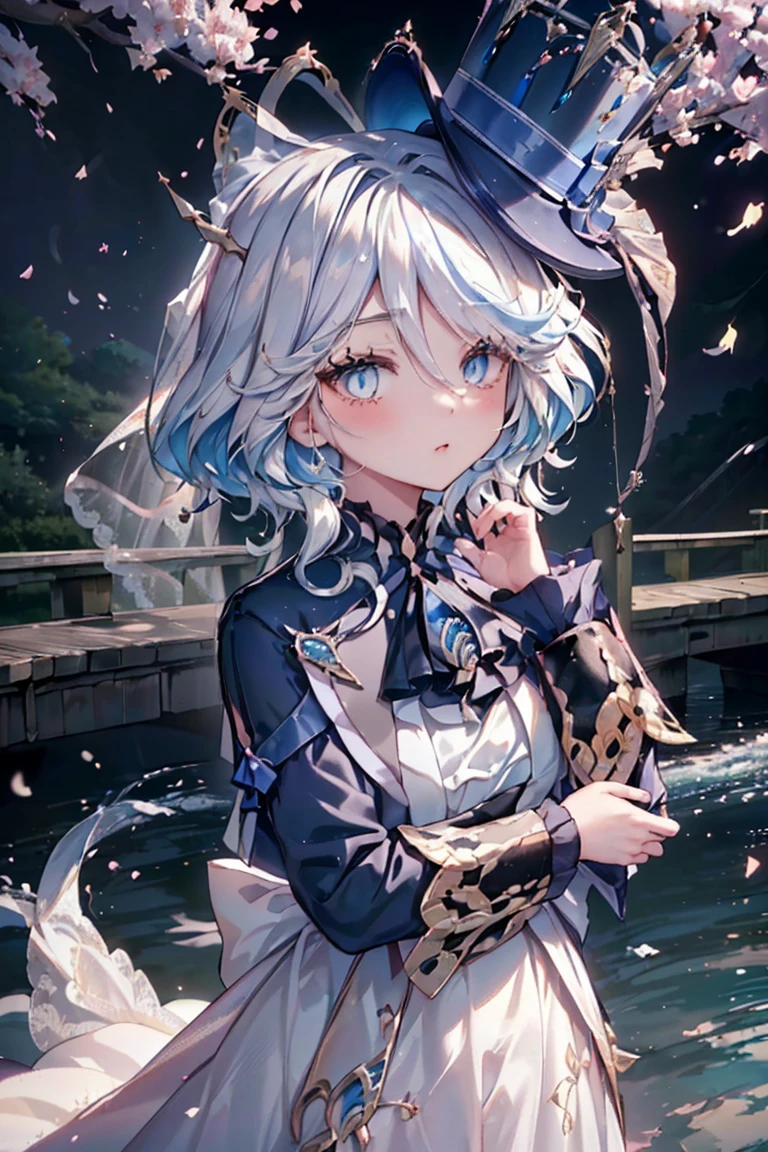 masterpiece, Best quality, Super detailed, sparkling, glowing light, ray tracing, HDR, depth of field, (perfect face, detailed face, exquisite eyes,perfect hands),8 k,HD,Surreal face,ray tracing,perfect lighting,((Quality of wearing a white wedding dress, Super detailed, shining eyes, (I look at the audience,Open嘴微笑:1.1), ((1 girl)), hip,leave, Forina,длинные hair,hair, closing one eye,((Градиентные hair)),eyecolor, eye gradient, (Brilliant eyes:1.5), mascara, (fashion makeup), Open,blush,hat flower, ((Countryside of Central Japan,日本bridge,bridge,River,Cherry tree,cherry petals,dark blue sky,Koi on River)),(Complex background, There are many elements in the background:1.2),((Super detailed的背景)), outside, ((8 k wallpaper)),