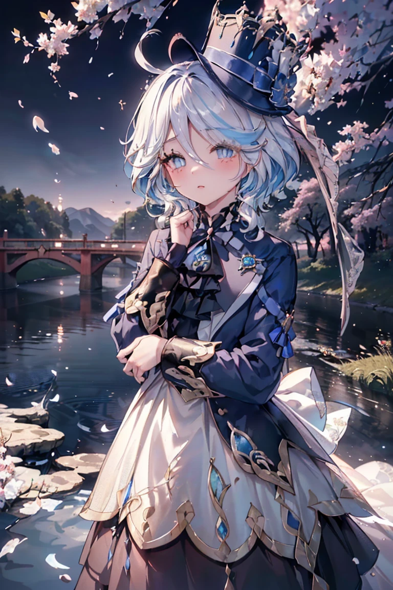 masterpiece, Best quality, Super detailed, sparkling, glowing light, ray tracing, HDR, depth of field, (perfect face, detailed face, exquisite eyes,perfect hands),8 k,HD,Surreal face,ray tracing,perfect lighting,((Quality of wearing a white wedding dress, Super detailed, shining eyes, (I look at the audience,Open嘴微笑:1.1), ((1 girl)), hip,leave, Forina,длинные hair,hair, closing one eye,((Градиентные hair)),eyecolor, eye gradient, (Brilliant eyes:1.5), mascara, (fashion makeup), Open,blush,hat flower, ((Countryside of Central Japan,日本bridge,bridge,River,Cherry tree,cherry petals,dark blue sky,Koi on River)),(Complex background, There are many elements in the background:1.2),((Super detailed的背景)), outside, ((8 k wallpaper)),