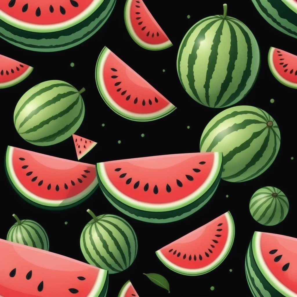 realistic watermelon, Black background, cartoon style