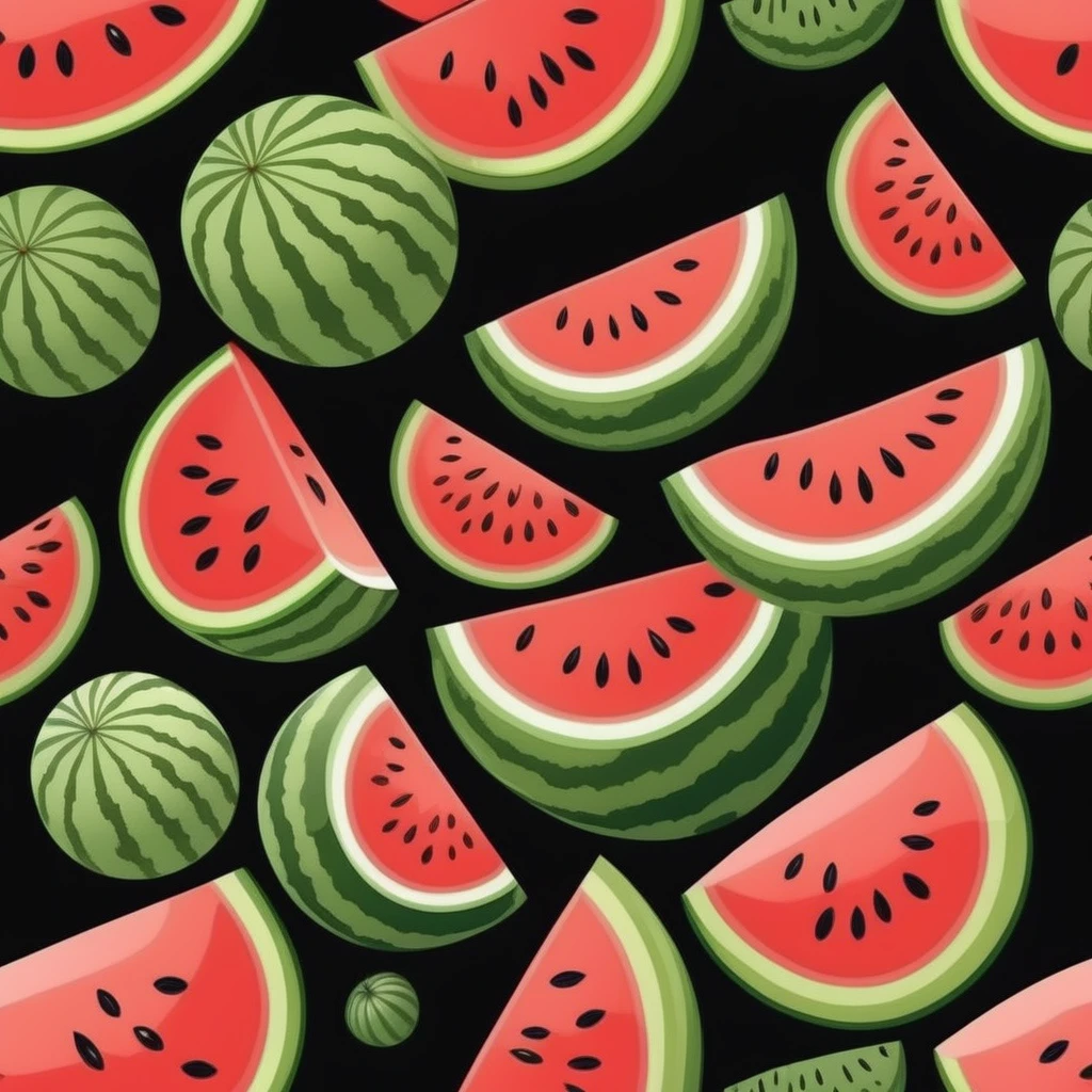 realistic watermelon, Black background, cartoon style