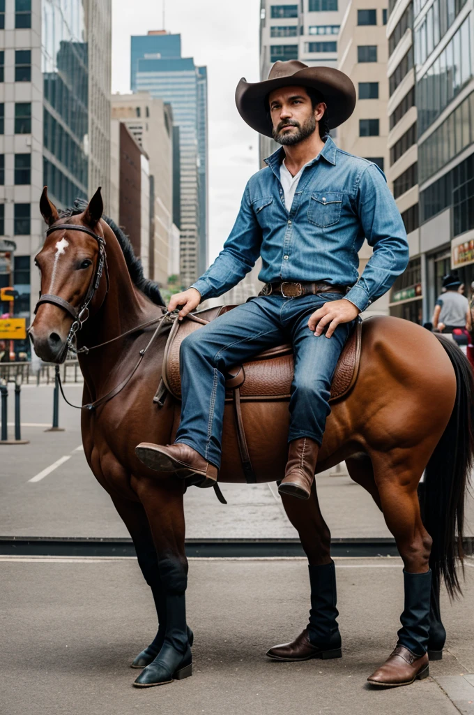 Cowboy sitting on horse background in big city