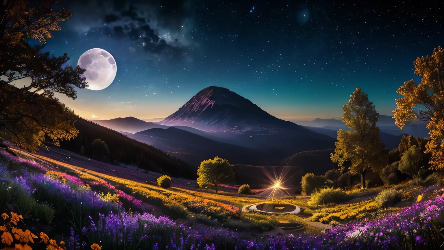 Vast landscape photography, (View from below。I can see the sky and the wilderness below.),  Standing in a flower garden and looking up, (full moon: 1.2), (shooting star: 0.9), (nebula: 1.3), Distant Mountain, Treebreak Production Art, (Warm light source: 1.2), (fire Fly: 1.2), lamp, Purple and Orange, Exquisite detail, Volumetric Lighting Break (masterpiece: 1.2), (Highest quality ), 4K, Super detailed, (moving composition: 1.4), Extremely detailed and colorful (Iridescent: 1.2), (Sparkling Lights, Atmospheric lighting), dream-like, Magic, (alone: 1.2)