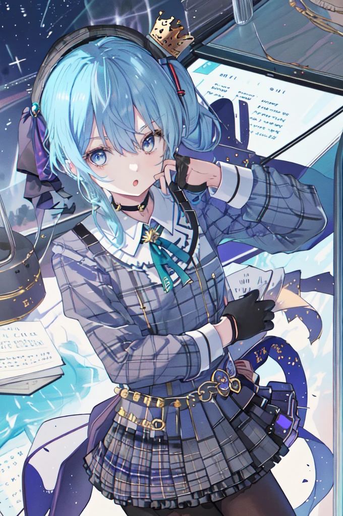 1girl, hoshimachi suisei, blue eyes, gloves, microphone, blue hair, plaid, hat, choker, open mouth, plaid headwear, side ponytail, beret, crown, skirt, black gloves, holding microphone, partially fingerless gloves, plaid skirt, shirt, hair between eyes, belt, ribbon,PEAnimeBG, ocean, beach, harbor, scenery, background, anime, sky, night, stars,masterpiece, high resolution, octance 4k, high detail, in the style of  scenery, night, town