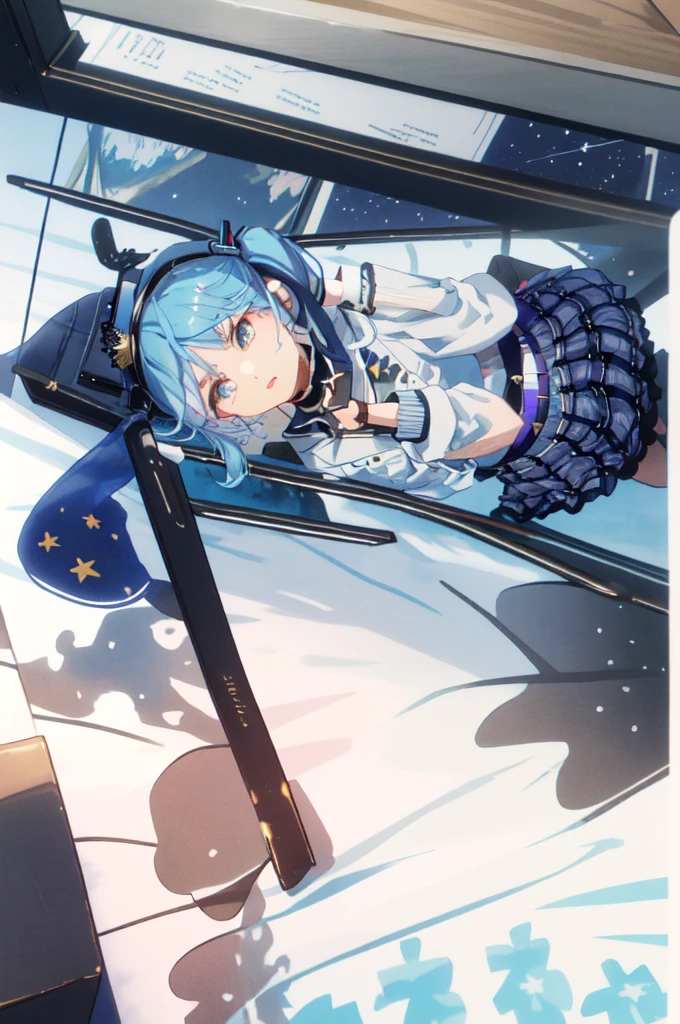 1girl, hoshimachi suisei, blue eyes, gloves, microphone, blue hair, plaid, hat, choker, open mouth, plaid headwear, side ponytail, beret, crown, skirt, black gloves, holding microphone, partially fingerless gloves, plaid skirt, shirt, hair between eyes, belt, ribbon,PEAnimeBG, ocean, beach, harbor, scenery, background, anime, sky, night, stars,masterpiece, high resolution, octance 4k, high detail, in the style of scenery, night, town