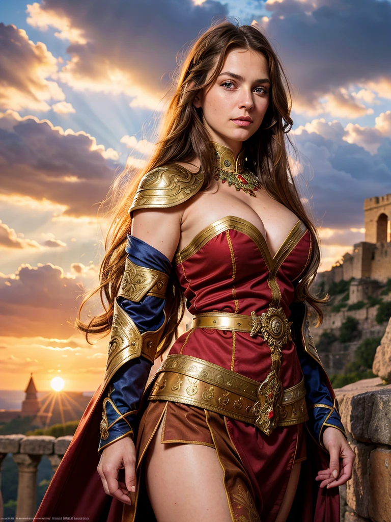 Magnificent portrait, photorealism, Ancient Russian hero, Woman, long hair, brown eyes, wrinkles on the face, strong face, (national costume of the ancient Russian warrior, cleavage)), looking at the viewer, (against the background of an ancient fortress), cloudy sky , sunset, depth of field, bokeh