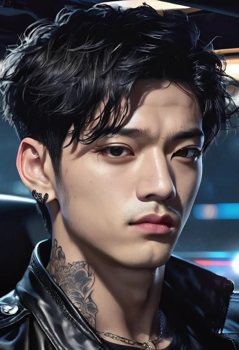 1 man, inside a clandestine car racing track, wearing black shirt with leather jacket, detailed facial features, beautiful black and masculine eyes, detailed light skin, medium black hair, strong expression, body tattoos, dramatic lighting, composition cinematic, cold and dark color palette, atmospheric fog, strong chin, virile man, night, similar face by singer jeon jungkook (best quality, 4K, 8K, high resolution, art: 1.2), ultra-detailed, (realistic, photorealistic, photorealistic: 1.37)