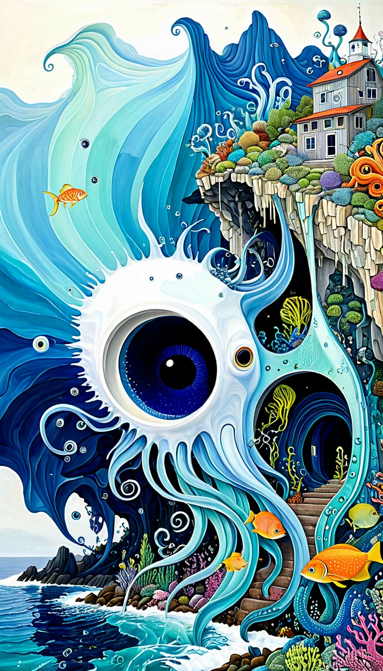 "Dick Ellescas Artist Style",cabin on cliff,Tentacles瀑布,fish,Tentacles,Eye、diatom,Stitching together an abstract painting,Describing the inner world of autistic people,Sense of space,White Space,interesting,Innocence,Psychedelic Art,Blue Theme