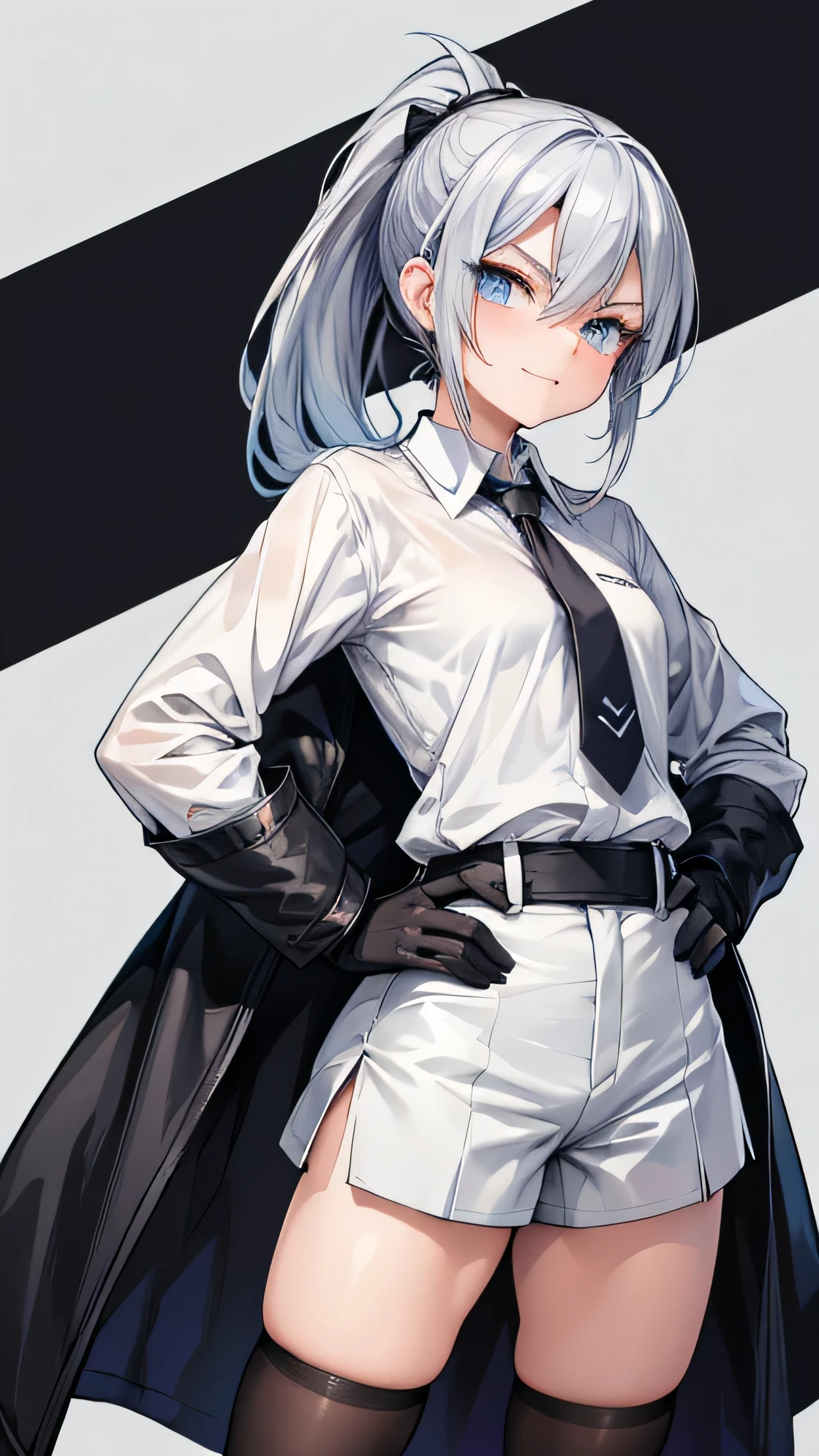 Adult features tall Blue Eyes Gray Hair ponytail Slit eyes laugh at Glare frivolous attitude Evil Face White shirt No tie Black hot pants Black long gloves Black knee socks coat Place your right hand on your hip grassland looking at the camera