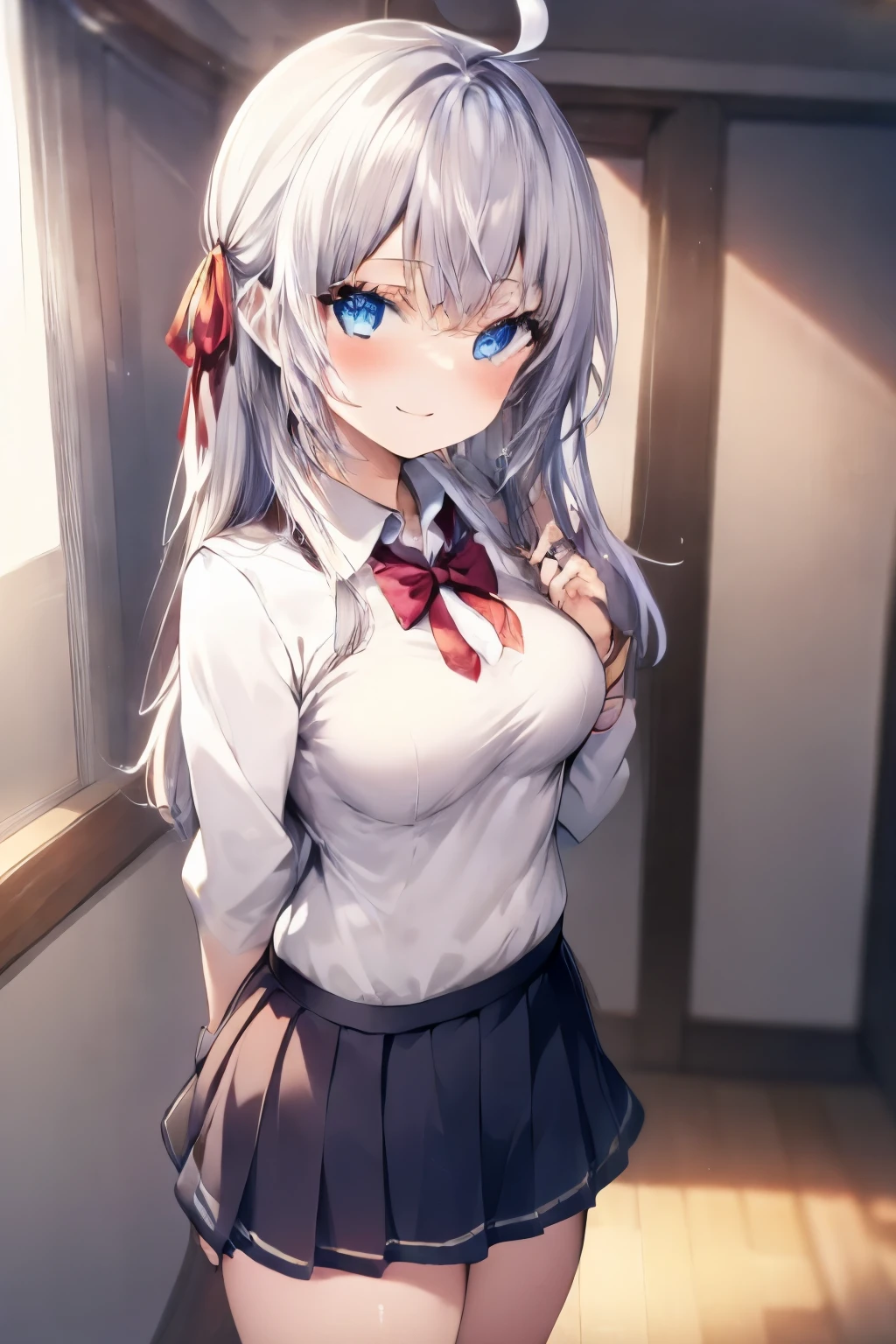 Alisa Mikhailovna Kujou、Silver Hair、Blue Eyes、uniform、Ahoge、Beautiful legs、girl、Small breasts、girl、Small breasts、Bright smile、Looks about 15 years old、Petan Musume、He is short