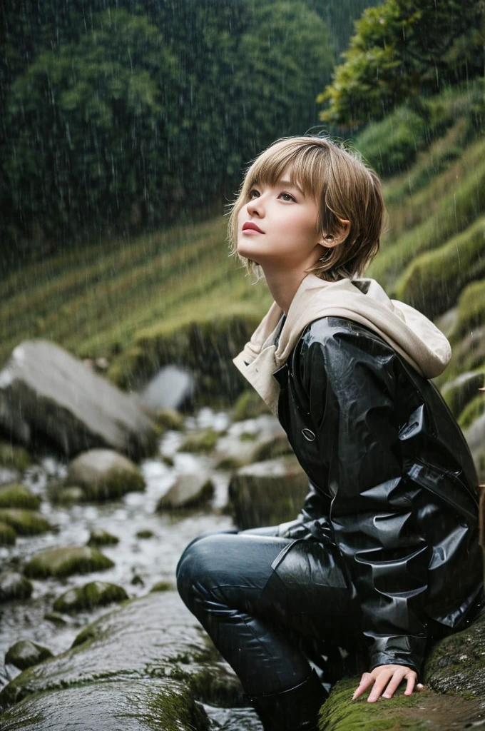 24year old beautiful girl、Half-Japanese beauty、Highest image quality、realistic、16K、beautiful woman、Very Short Hair、Pixie Cut、blondes、blondes、With bangs、Pretty slim、heavy rain、wet from heavy rain、Mountaineering、White Mountaineering服、Wet in the rain、Heavy Rain、My hair got wet in the heavy rain、In heavy rain、In the mountains、A look asking for a kiss、Shooting from the sky、Full body、Shooting from a distance、Sitting on a rocky ground