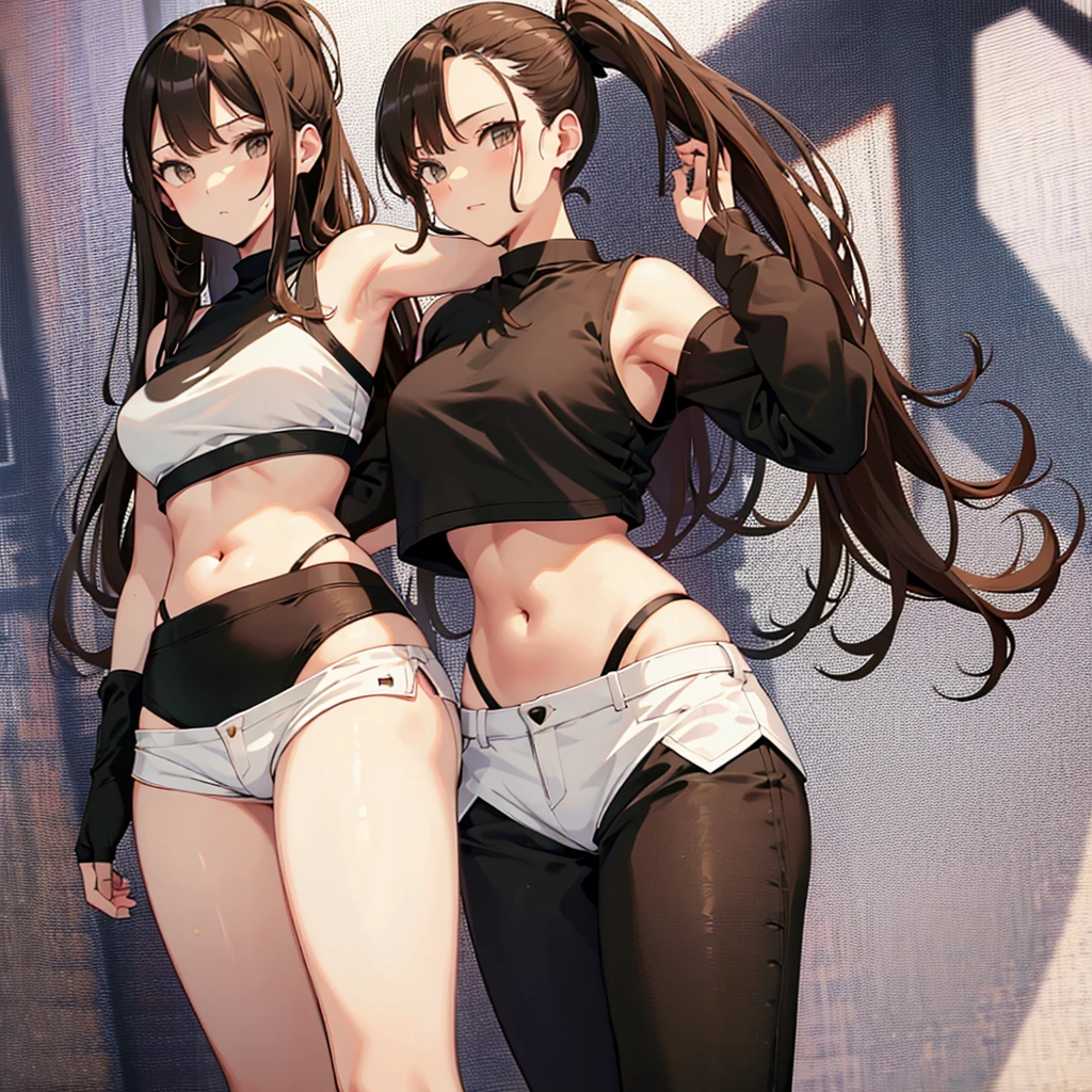cute, sexy, girl, brown hair, ponytail, black crop top, tall, long legs, sexy legs, white shorts, belly button, side-boob, black arm warmers,