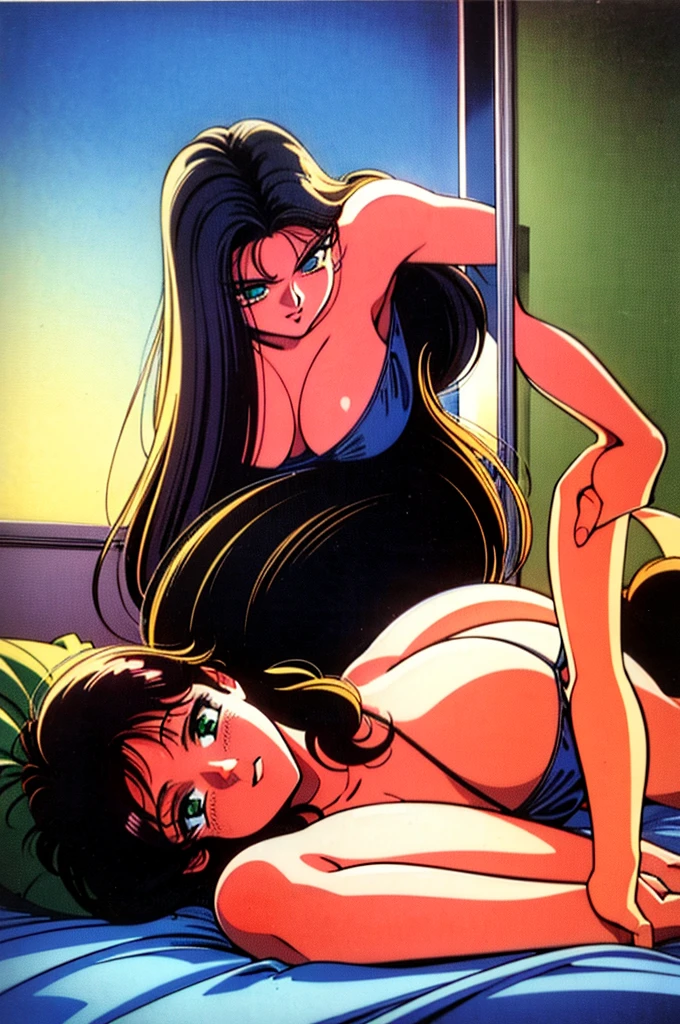 1990s (style), 1980s (style), retro artstyle, girl, Long black hair, Green Eyes, Mean face, Wavy Hair, underwear、Big Breasts、In the bedroom, Highest quality, masterpiece.