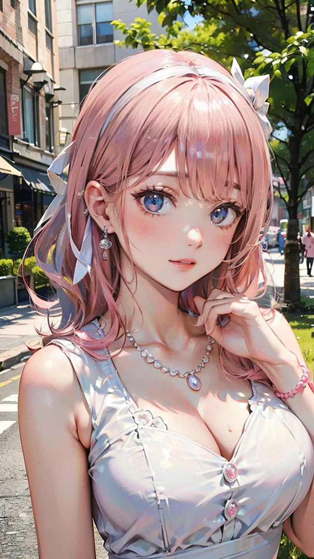 (Masterpiece, BestQuality:1.3), (ultra detailed:1.2), (hyperrealistic:1.3), (RAW photo:1.2), High detail RAW color photo, professional photograph, (Photorealistic:1.4), (realistic:1.4), professional lighting, perfect anatomy, (Big Breasts:1.2), (blush, detailed face), (cheerful Smile:1.5), (Pink Hair:1.5), Trending Hair&Trending Hairカラーをランダムに, earrings, necklace, bracelet, sexly, erotic sexly, Random sexy gravure poses, (A beautiful woman wearing a white ribbon dress、Posing cutely while enjoying a picnic in a city park。Wearing pearl earrings。: 1.3)